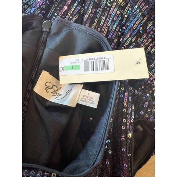 NWT Eliza J Black Feather Trim Sequin Blouson Mini Dress - Picture 8 of 8